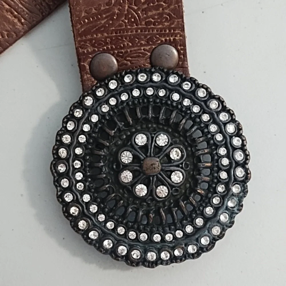 Brown Tooled Leather Belt with Coppery Metal Buckle With Rhinstones